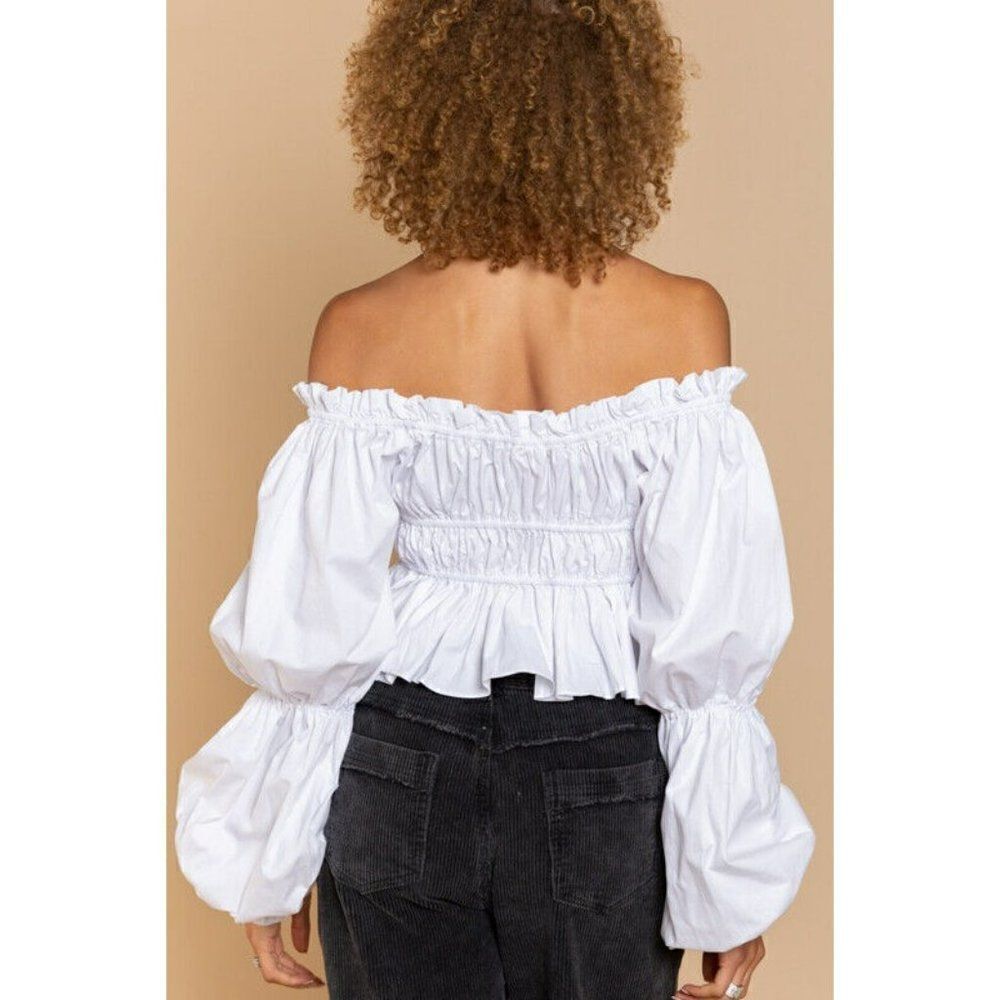 Sale! POL
Off Shoulder White Cropped Long Sleeve Blouse Ruffles Puff Sleeve Top - Picture 10 of 10